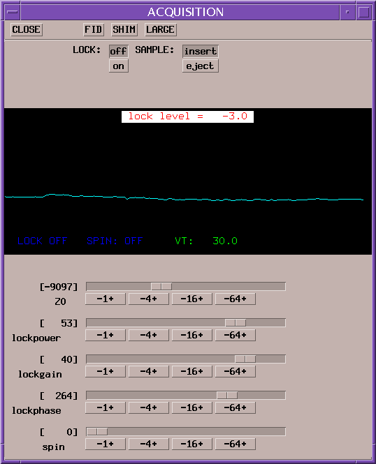 Figure 2. Lock controls. Buttons "On" and "Off" turn field frequency lock on and off. Data panel with black background shows FID of lock nucleus. Below that data panel, there are five controls: "Z0", "lockpower", "lockgain", "lockphase" and "spin". Above label for each control in brackets it's current value is shown. Each control has a slider bar, draggable with the mouse; also there are four buttons ("+1-" and so on). While the slider bar allows easy approximate adjustment of the control's value, buttons allow setting that value precisely. Left-clicking a button will substract a corresponding value, right-clicking will add that value.Note: lock level shown here is low - lock power or gain might be increased in this case. However a trained operator may not need that as he/she can also notice that there is measurable signal and the lock frequency is fairly close to zero. A small further adjustment of "Z0" and then perhaps some adjustment of "lockphase" might complete the procedure.